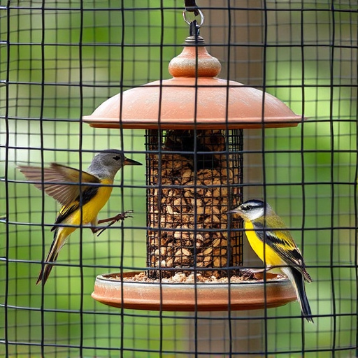 Birds feeding inside squirrel-proof cage