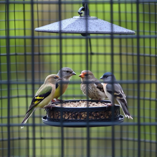 Birds feeding inside squirrel-proof cage