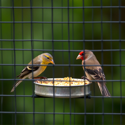 Birds feeding inside squirrel-proof cage