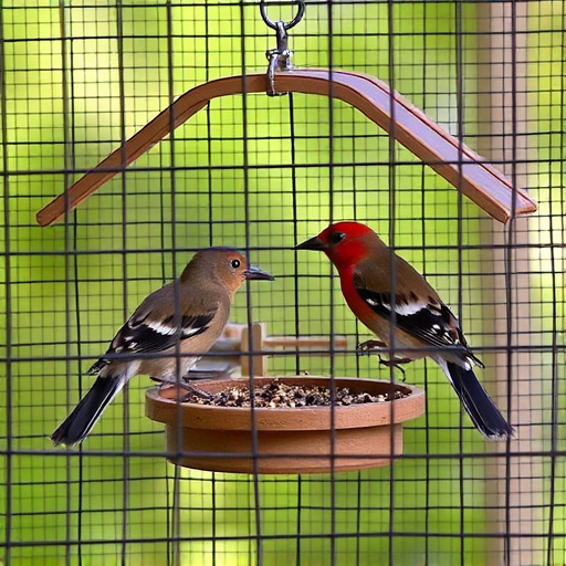 Birds feeding inside squirrel-proof cage
