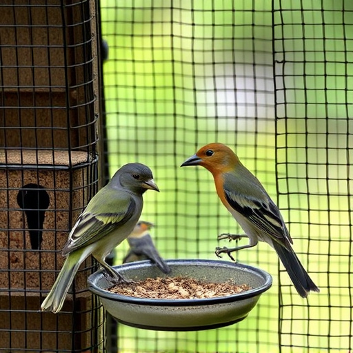 Birds feeding inside squirrel-proof cage