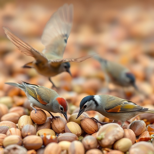 Birds feeding on fallen nuts