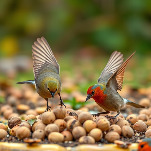 Birds feeding on fallen nuts
