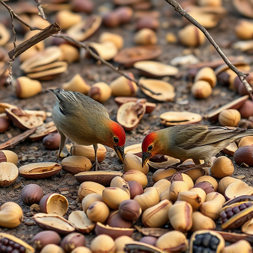 Birds feeding on fallen nuts