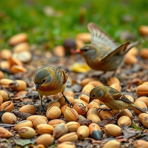 Birds feeding on fallen nuts