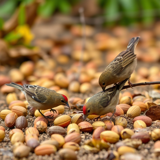 Birds feeding on fallen nuts