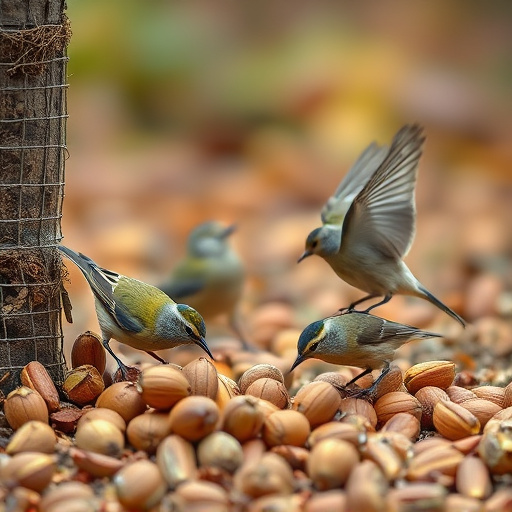 Birds feeding on fallen nuts