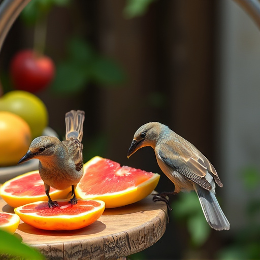 Birds feeding on fruit slices outdoors