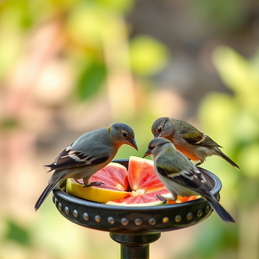 Birds feeding on fruit slices outdoors