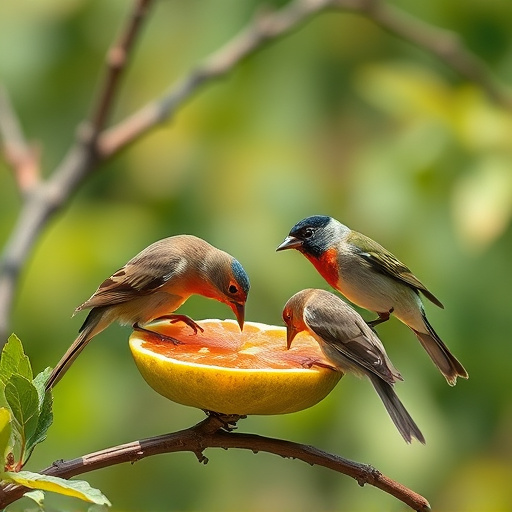 Birds feeding on fruit slices outdoors