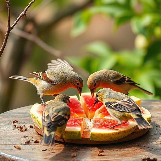 Birds feeding on fruit slices outdoors