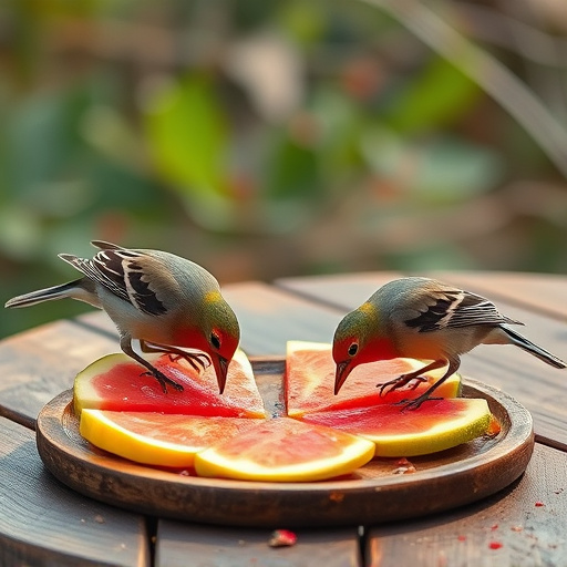 Birds feeding on fruit slices outdoors