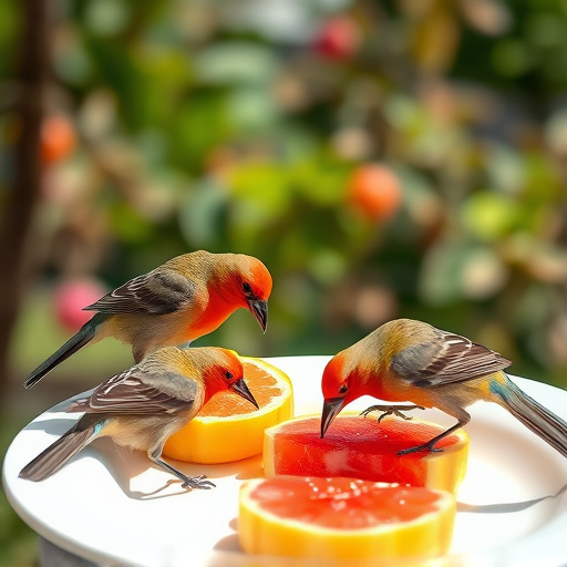 Birds feeding on fruit slices outdoors