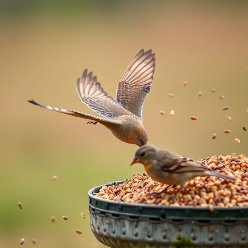 Birds feeding on scattered seeds