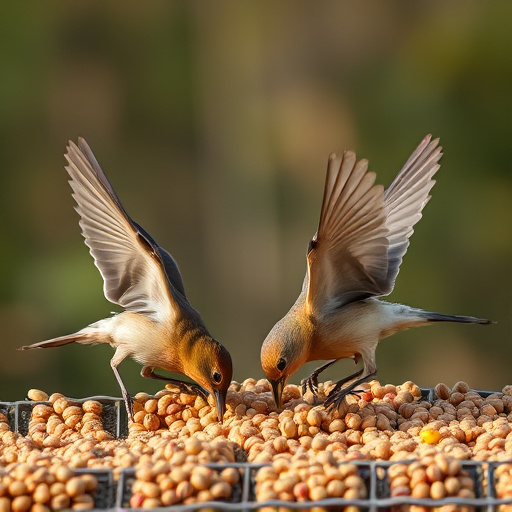 Birds feeding on scattered seeds