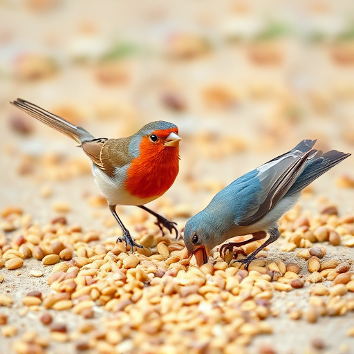 Birds feeding on scattered seeds