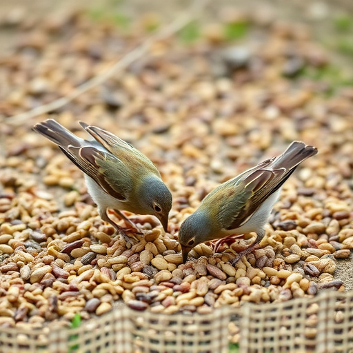 Birds feeding on scattered seeds