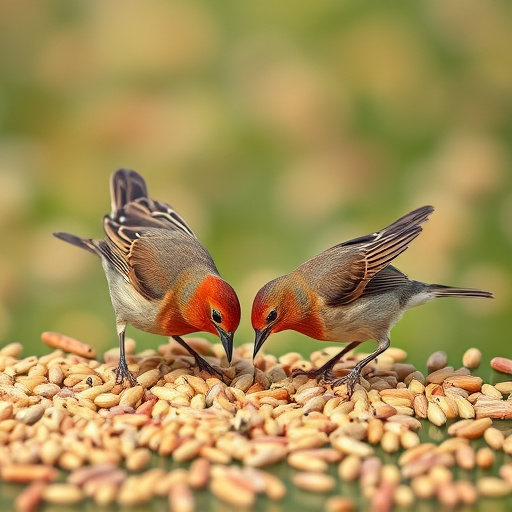 Birds feeding on scattered seeds