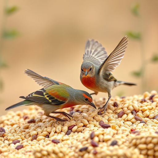 Birds feeding on scattered seeds