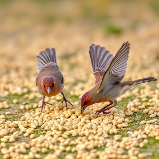 Birds feeding on scattered seeds