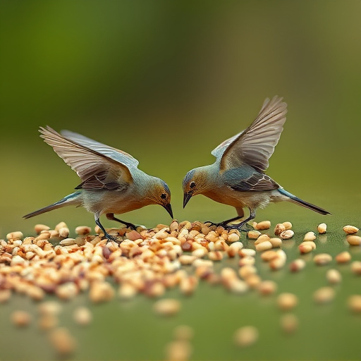 Birds feeding on scattered seeds