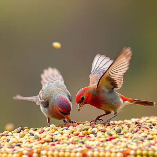 Birds feeding on scattered seeds