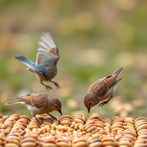 Birds feeding on scattered seeds
