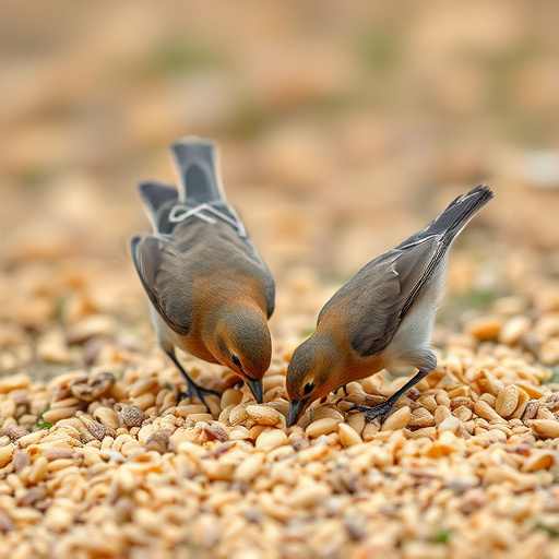 Birds feeding on scattered seeds