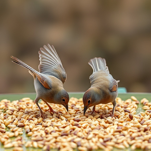Birds feeding on scattered seeds