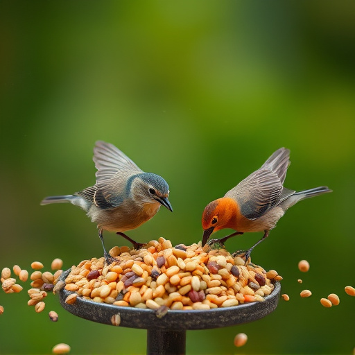 Birds feeding on scattered seeds