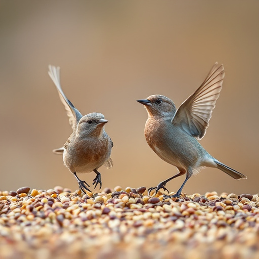 Birds feeding on scattered seeds