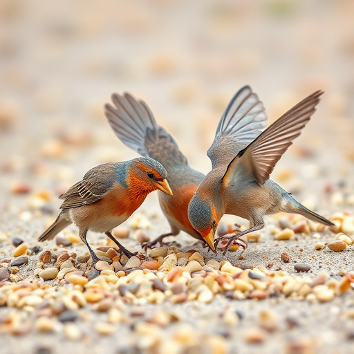 Birds feeding on scattered seeds