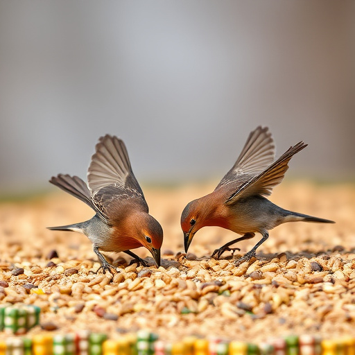 Birds feeding on scattered seeds