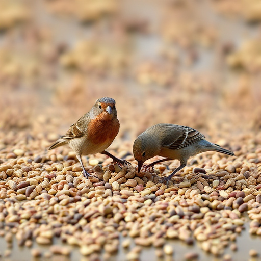 Birds feeding on scattered seeds