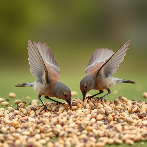Birds feeding on scattered seeds