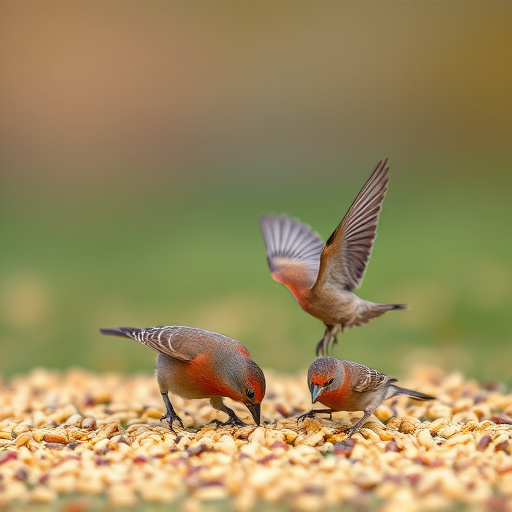 Birds feeding on scattered seeds