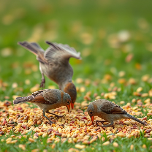 Birds feeding on scattered seeds