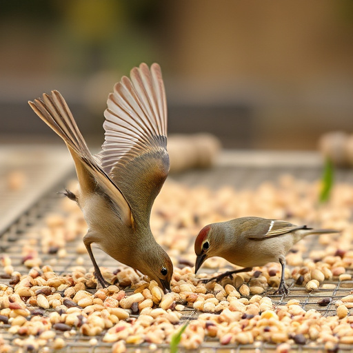 Birds feeding on scattered seeds