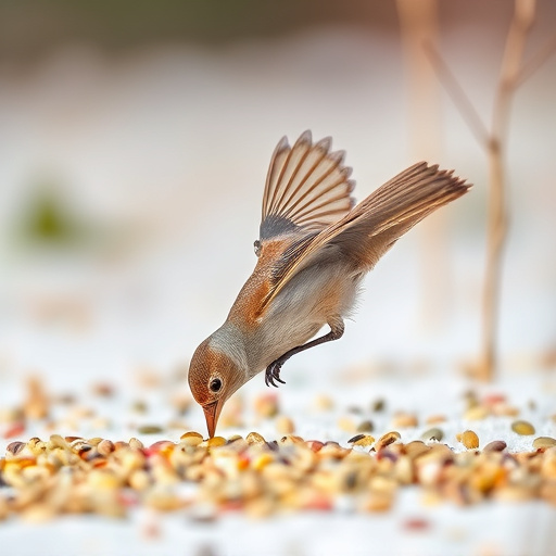 Birds feeding on scattered seeds