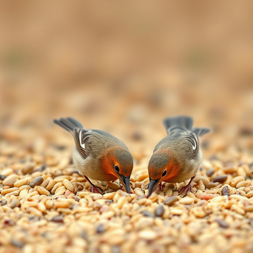 Birds feeding on scattered seeds
