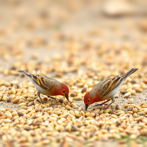 Birds feeding on scattered seeds