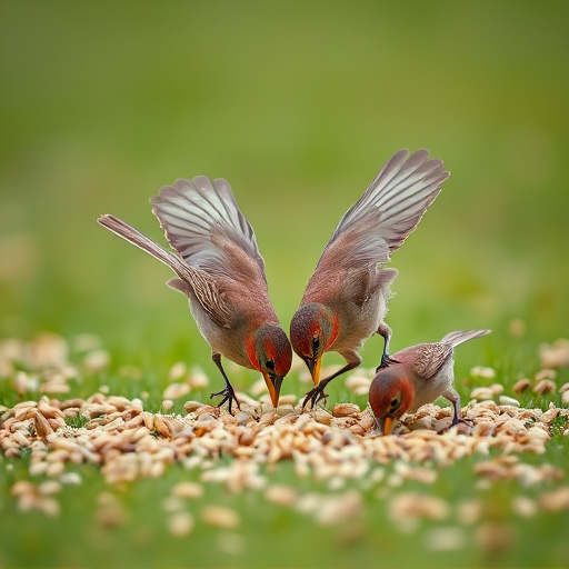 Birds feeding on scattered seeds
