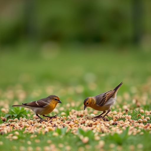 Birds feeding on scattered seeds