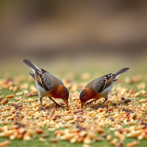 Birds feeding on scattered seeds