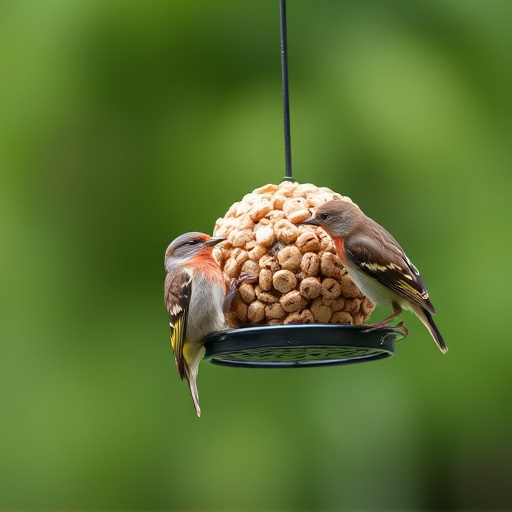 Birds feeding on suet balls feeder