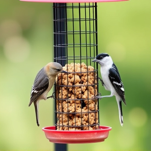 Birds feeding on suet balls feeder