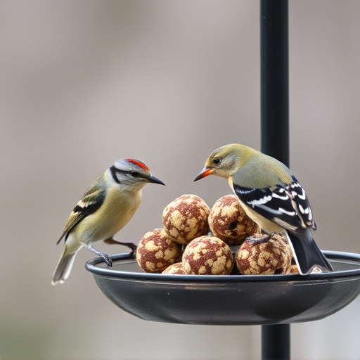 Birds feeding on suet balls feeder