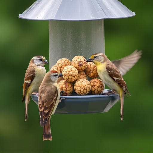 Birds feeding on suet balls feeder