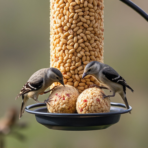 Birds feeding on suet balls feeder