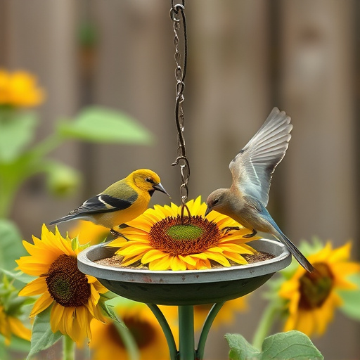 Birds feeding on sunflower hearts outdoors